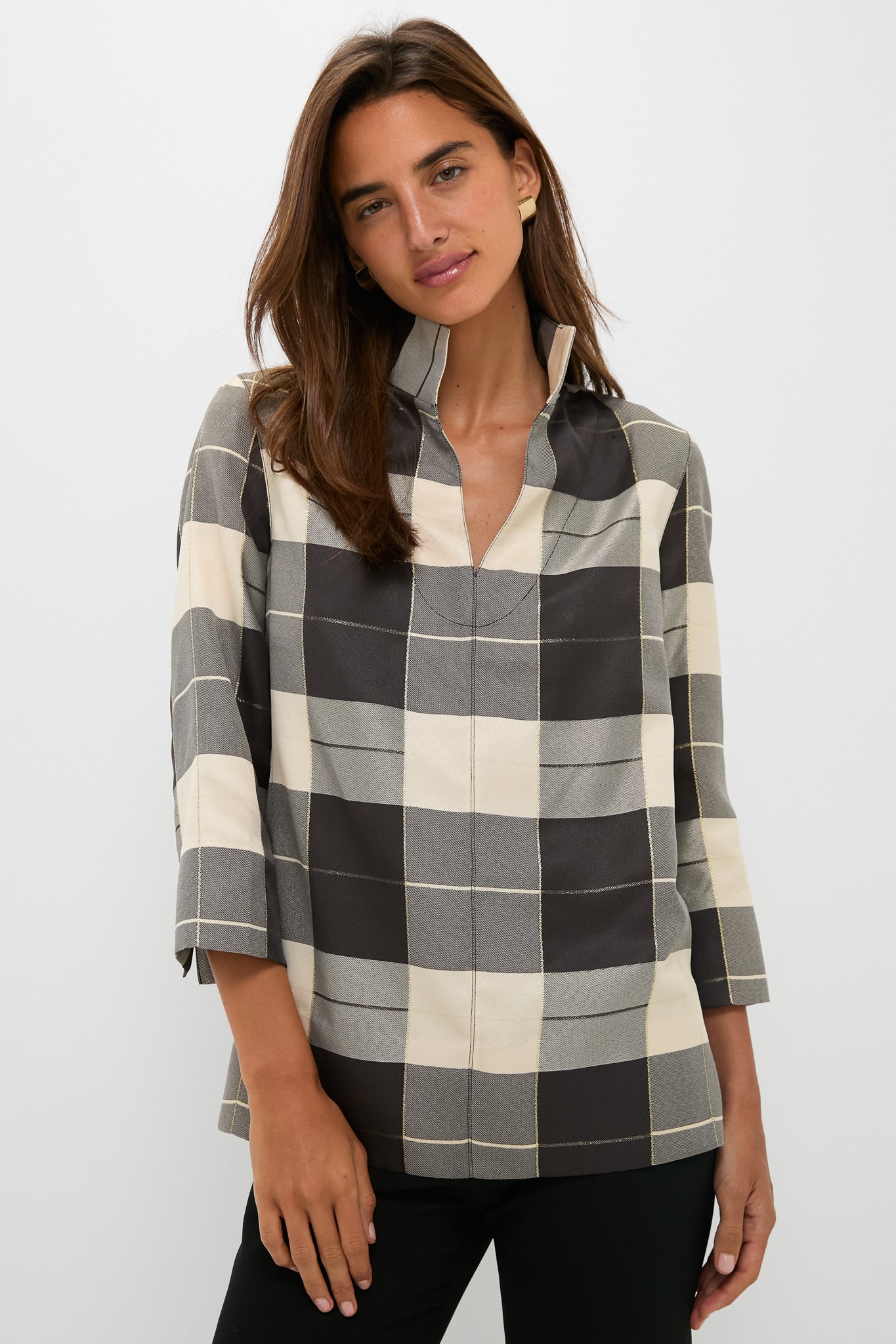 Mairead Check Plaid Margot Stand Collar Blouse