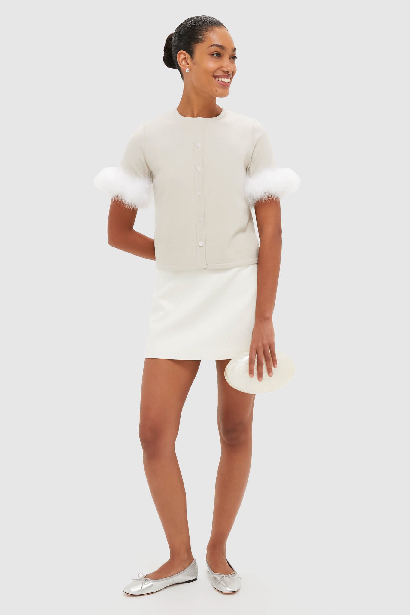 Beige Miss Kitty Short Sleeve Cardigan with Detachable Feathers
