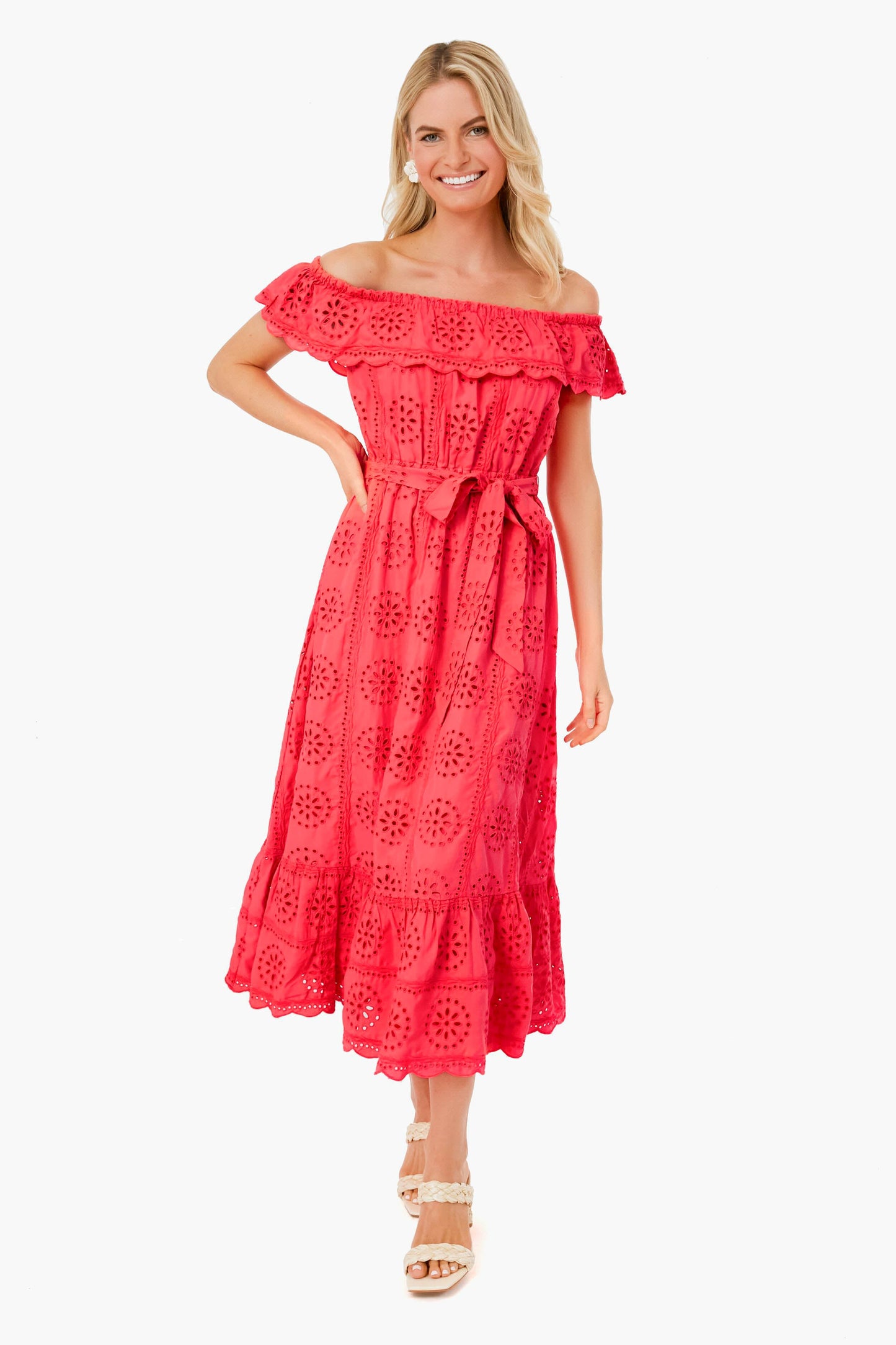 Spicy Coral Liabella Off the Shoulder Eyelet Midi Dress