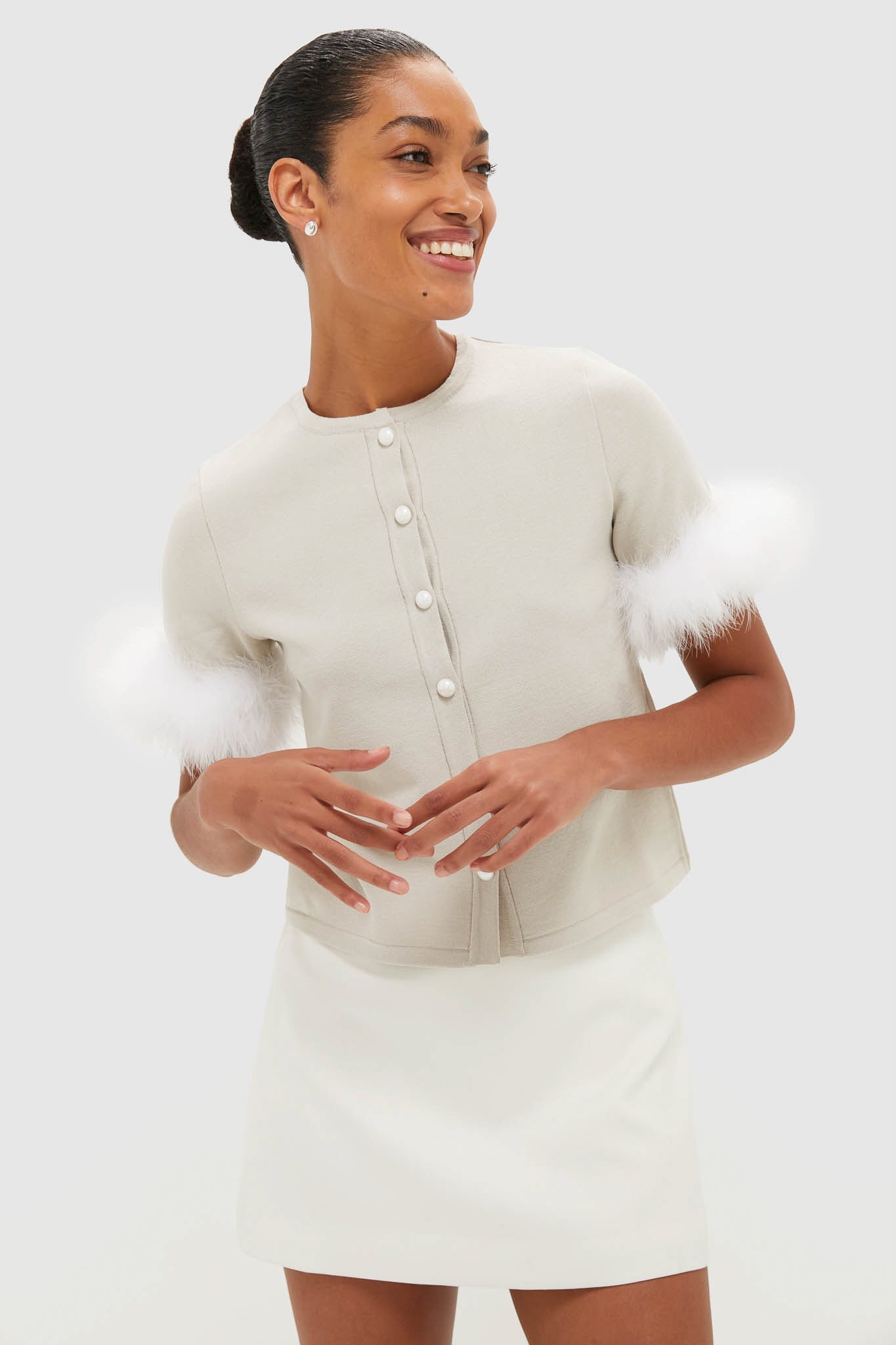 Beige Miss Kitty Short Sleeve Cardigan with Detachable Feathers