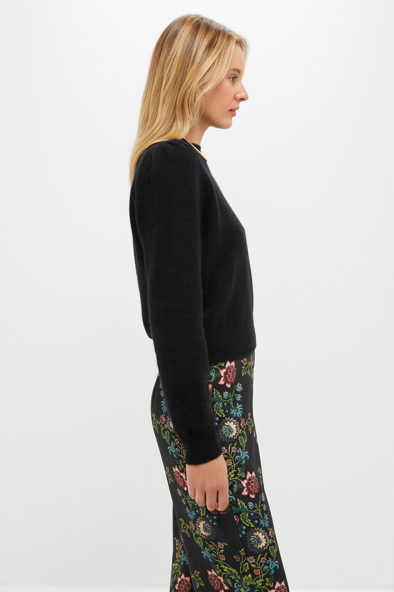 Black Cashmere Puff Sleeve Macy Crewneck Sweater