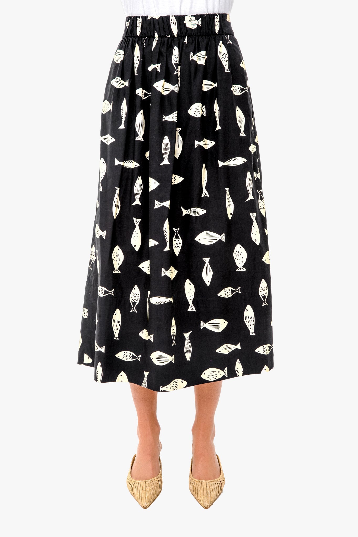 Poisson Print Smocking Waistband Full Skirt
