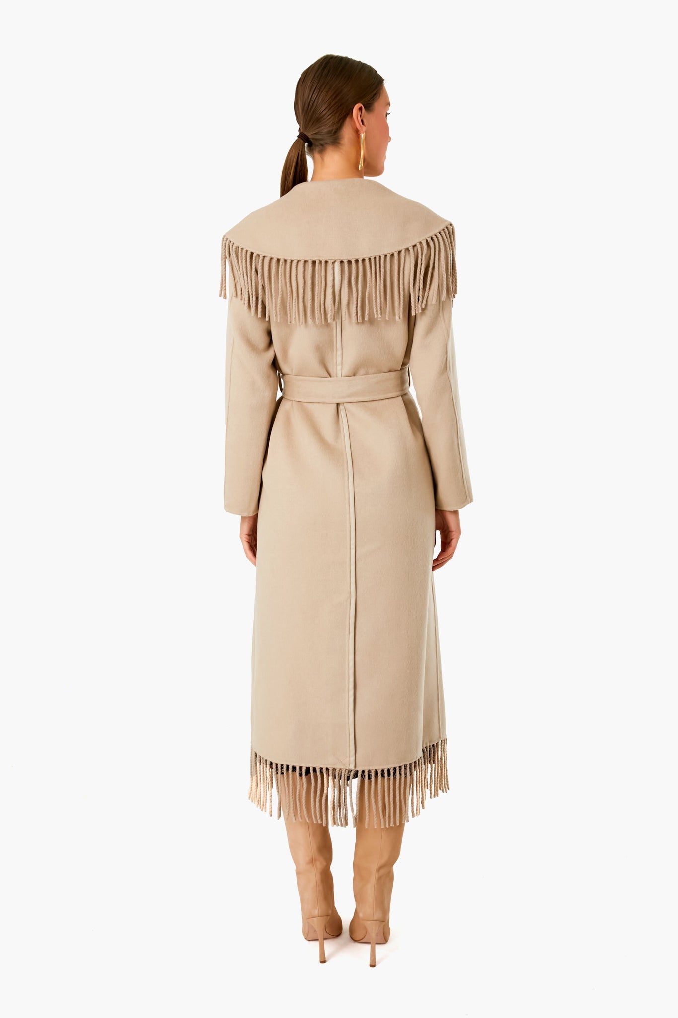 Sand Carrie Double Faced Wool Lapel Fringe Long Coat
