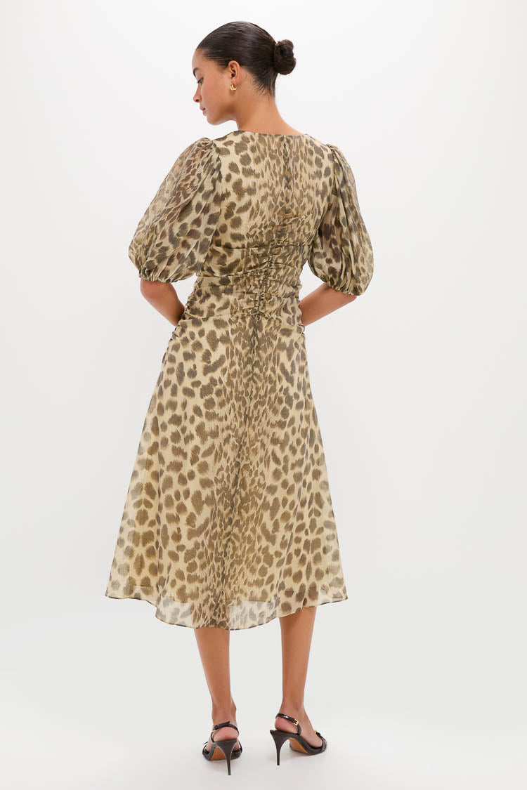 Cream Claude Print Puff Sleeve Midi Dress