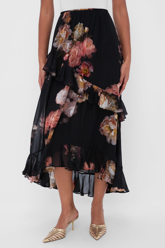 Russet Floral Hypnotic Asymmetric Midi Skirt