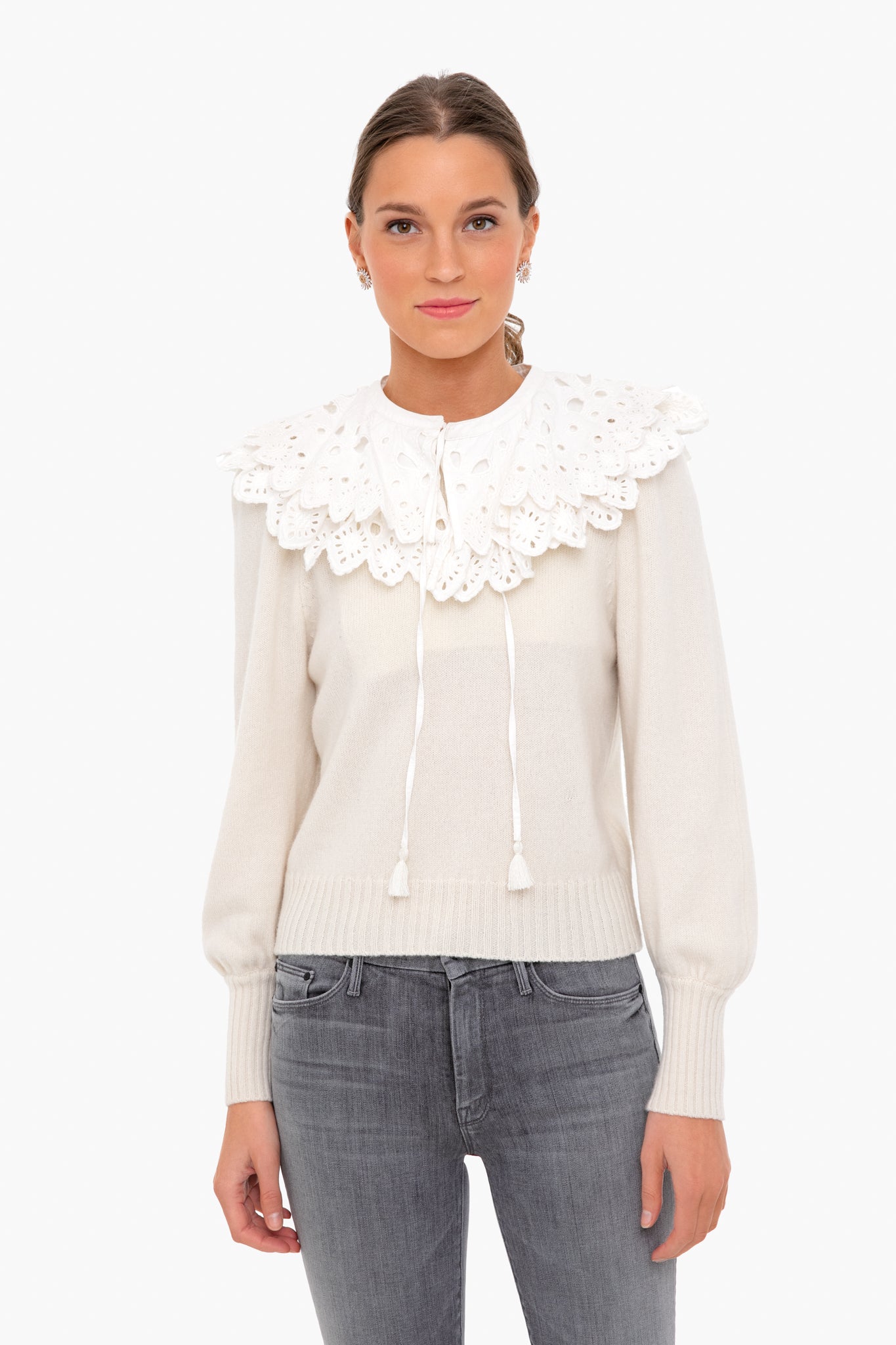 White Hazel Eyelet Long Sleeve Sweater
