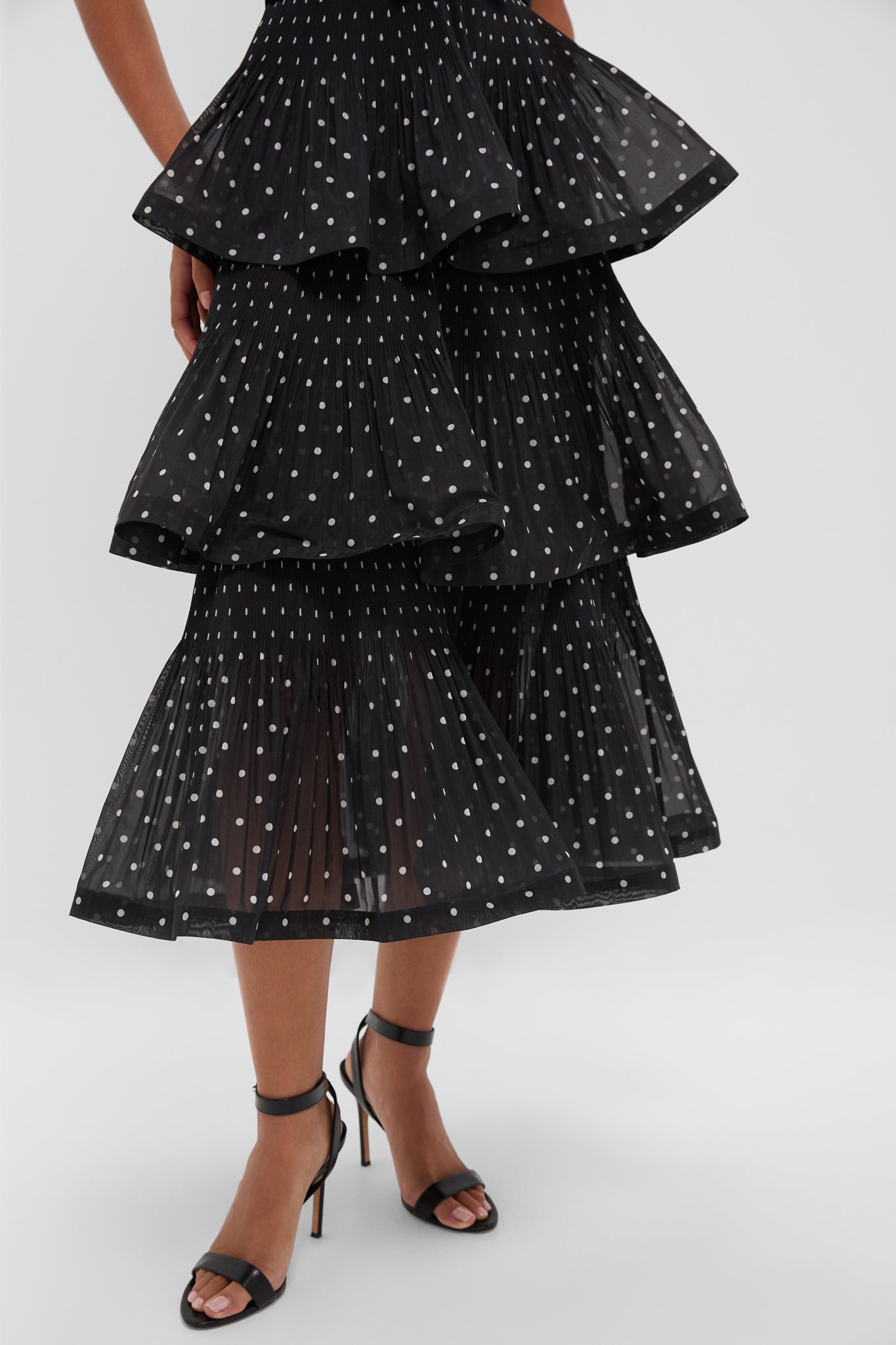 Black and Cream Polka Dot Pleated Tiered Midi Dress
