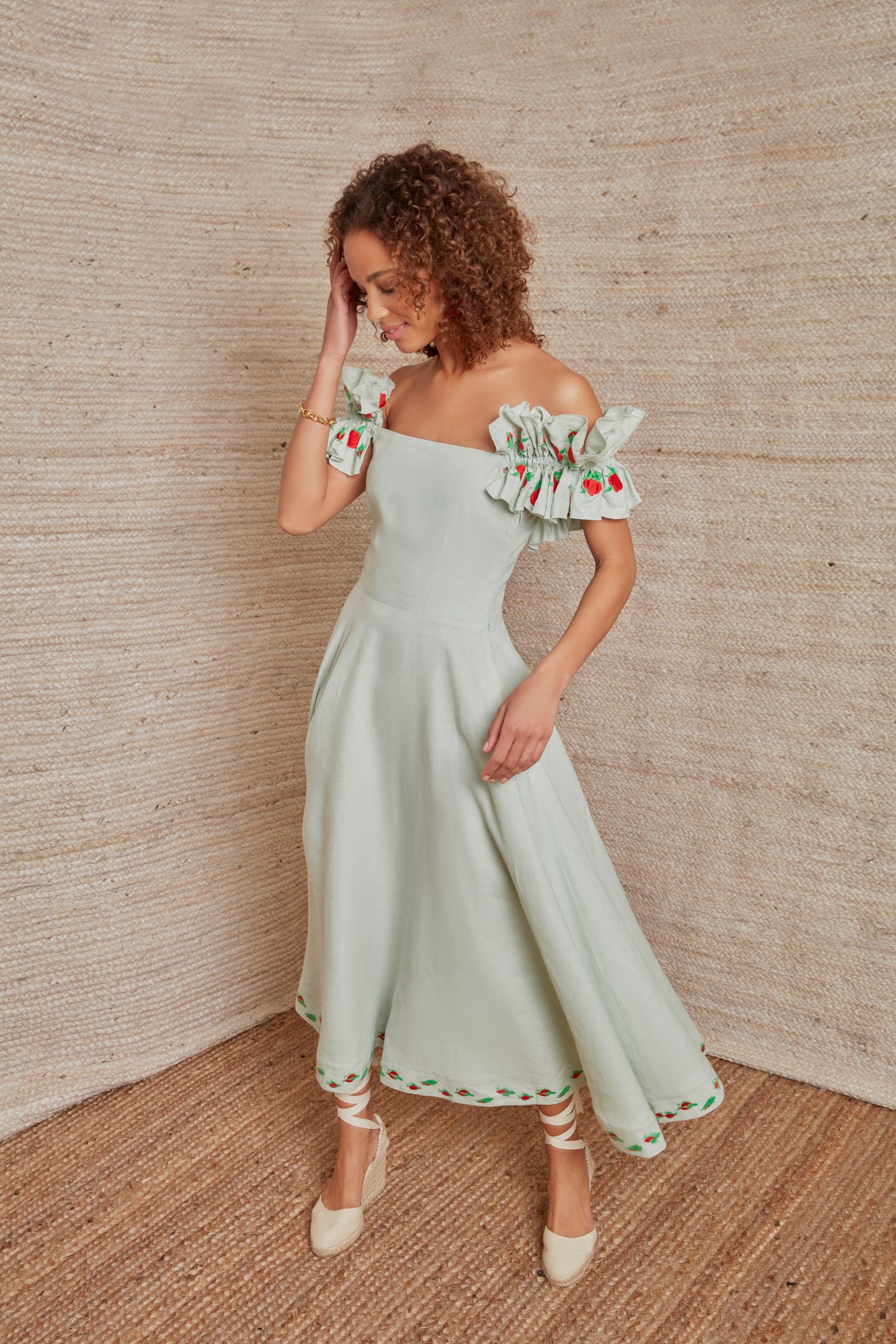 Mint Alanya Linen Off The Shoulder Embroidered Midi Dress