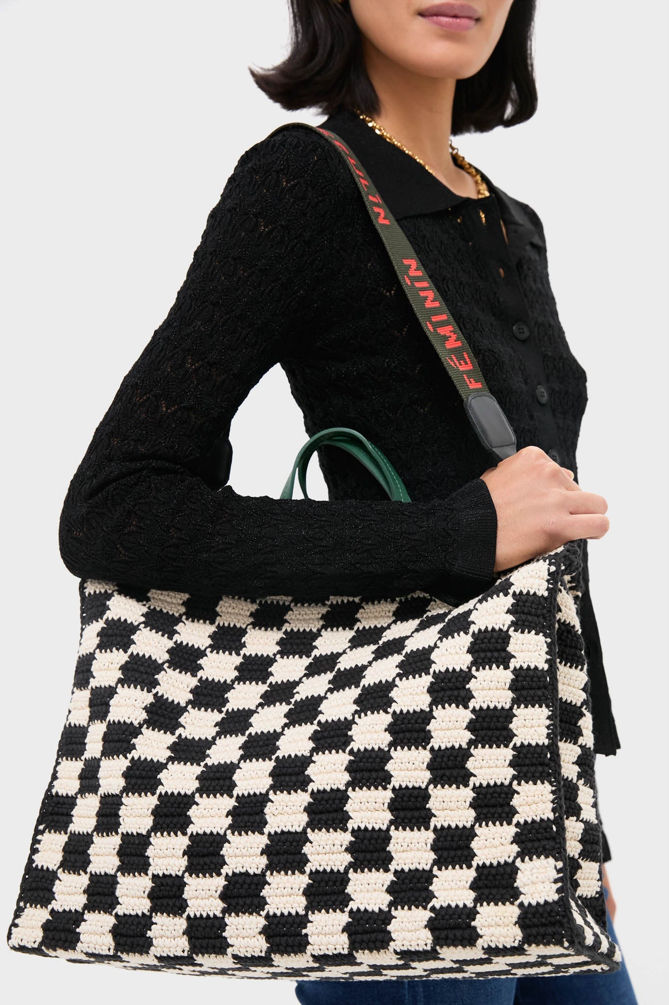 Black and Cream Crochet Checker Summer Simple Tote