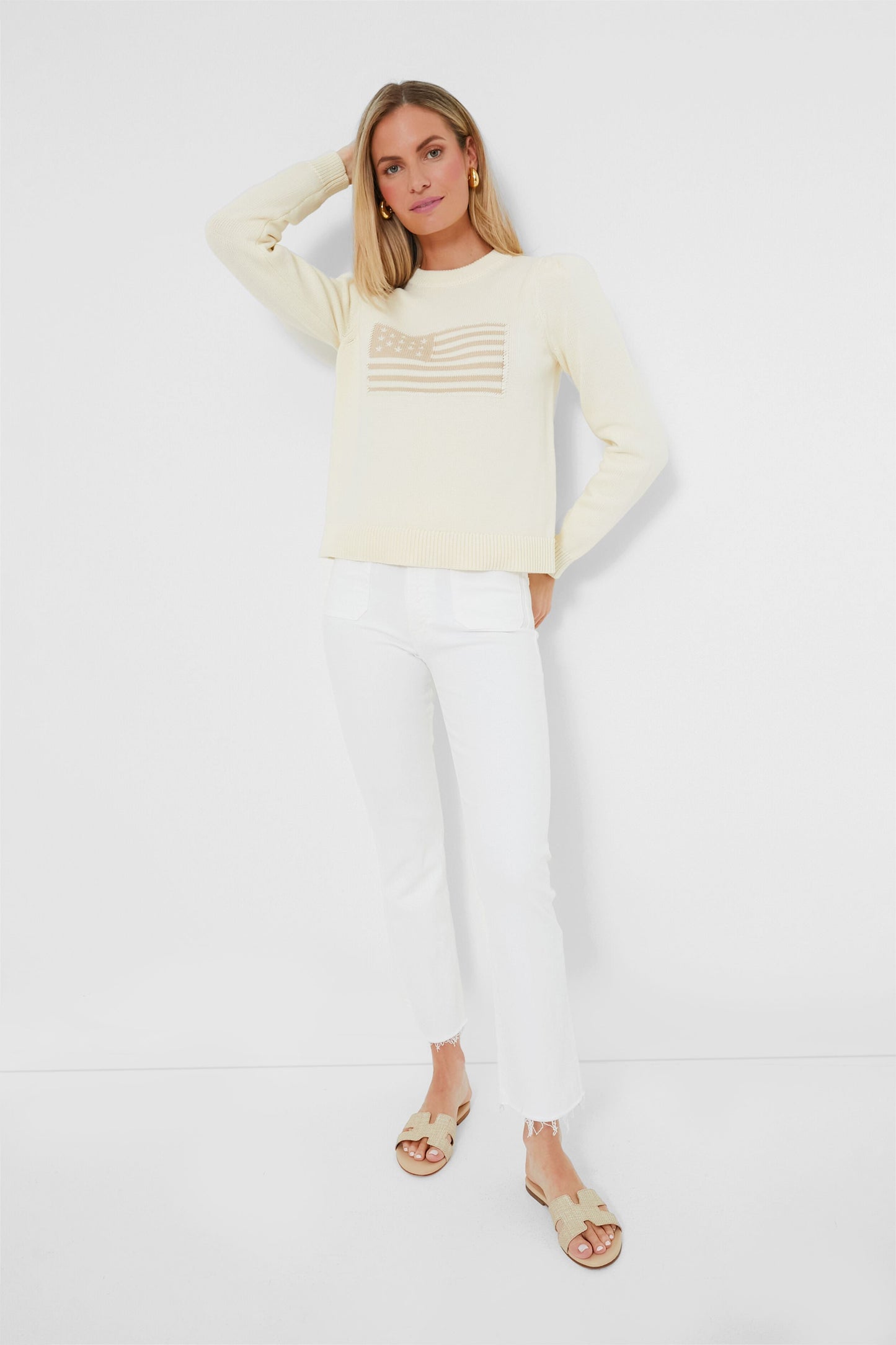 Ivory and Sandstone Cropped Puff Sleeve Americana Sweater