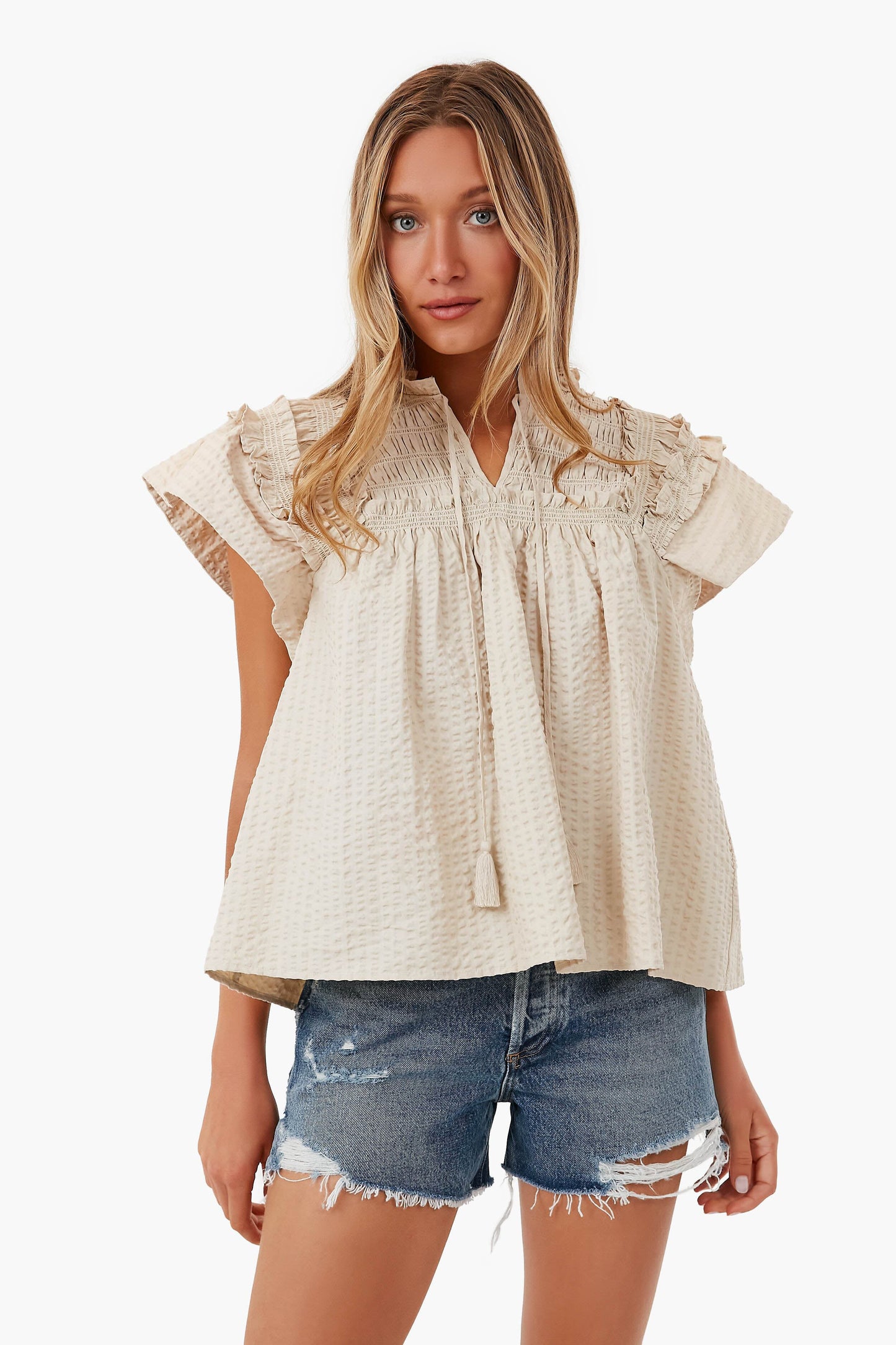 Cream Sevyn Solid Seersucker Short Sleeve Top