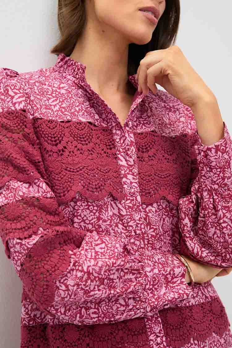 Lace Trim Maroon & Pink Floral Emmie Mini Dress