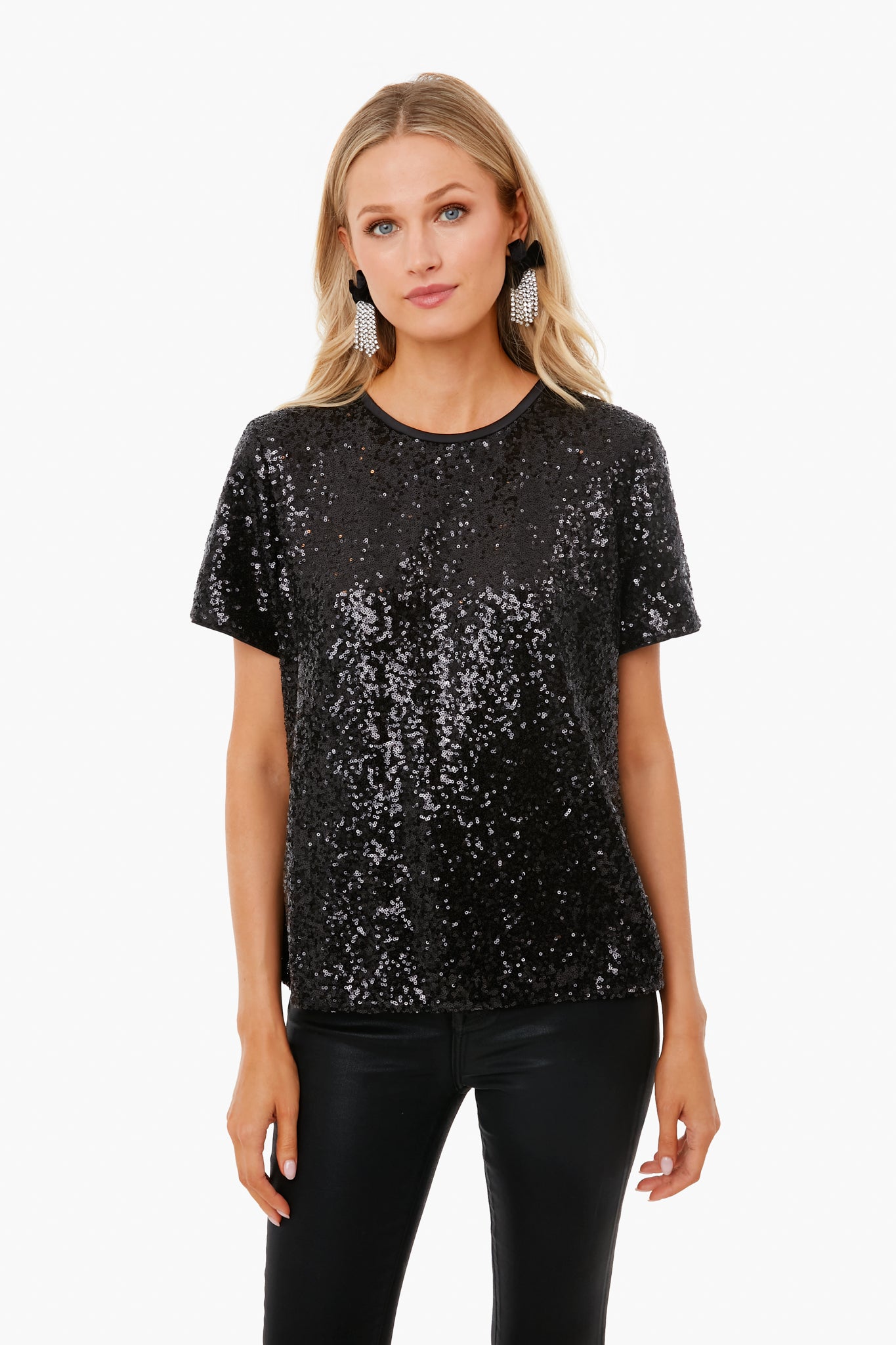 Black Sequin Bow Back Top