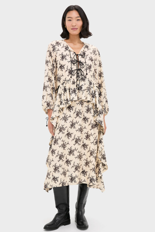 Cream Joan Print Tie Front Midi Dress