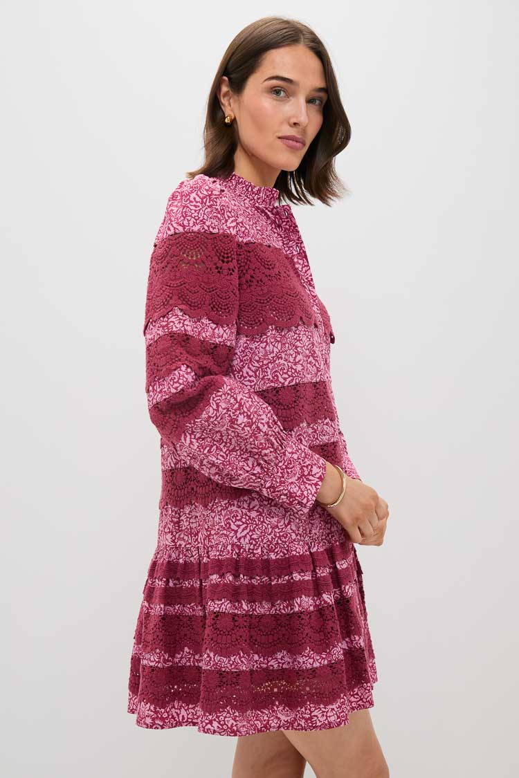 Lace Trim Maroon & Pink Floral Emmie Mini Dress