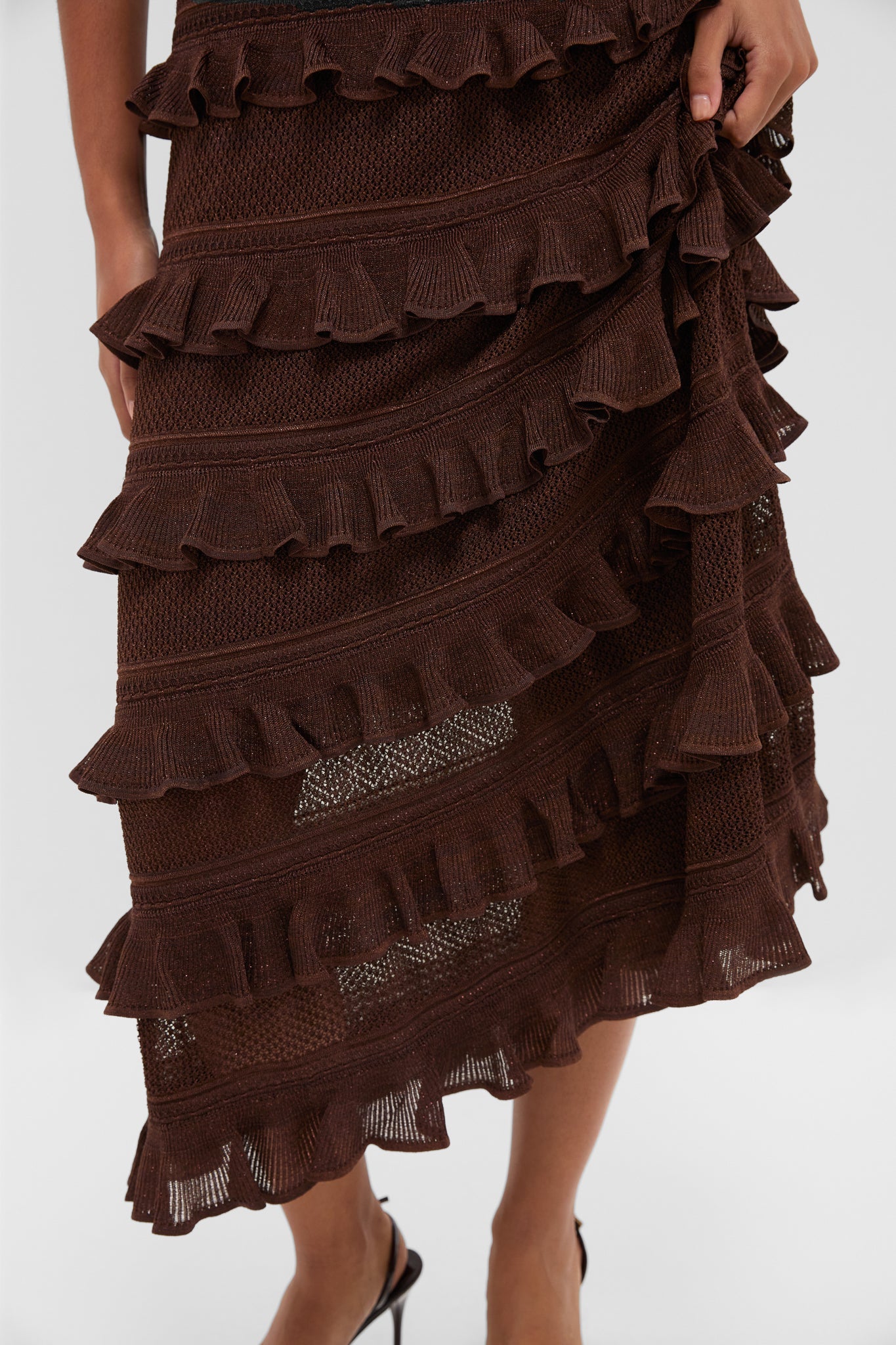 Metallic Chocolate Hypnotic Lace Frill Midi Dress