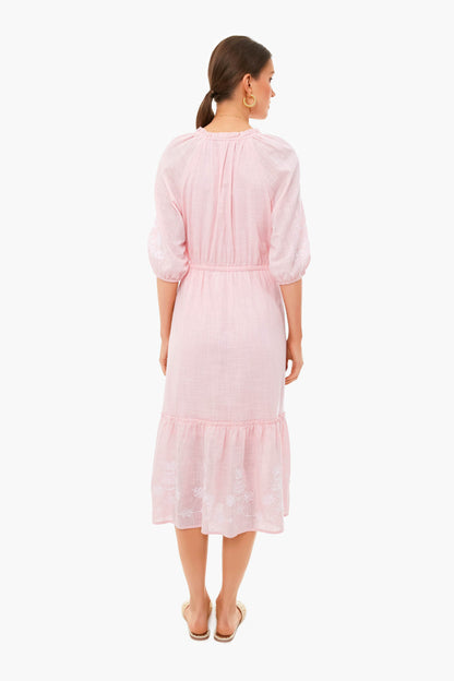 Pink Embroidered Floral Tie Waist Midi Dress