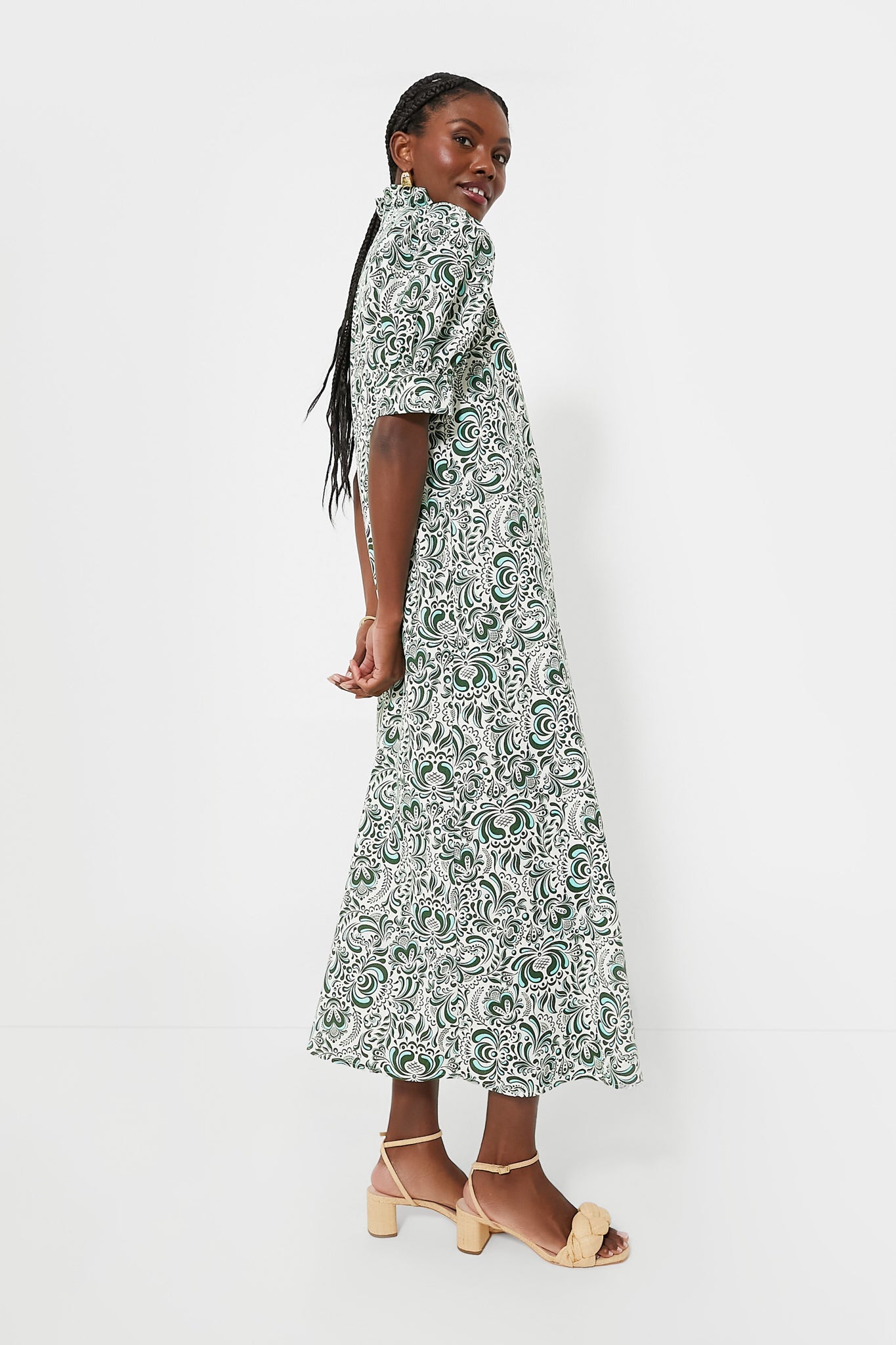 Green Floral Linen Ruffle Collar Louisa Maxi Dress