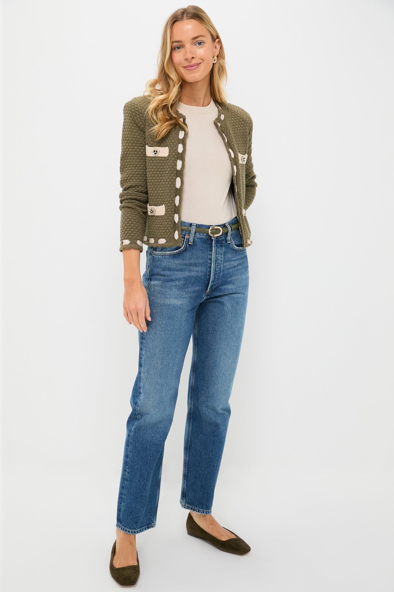 Army and Biscuit Astor Contrast Trim Cardi