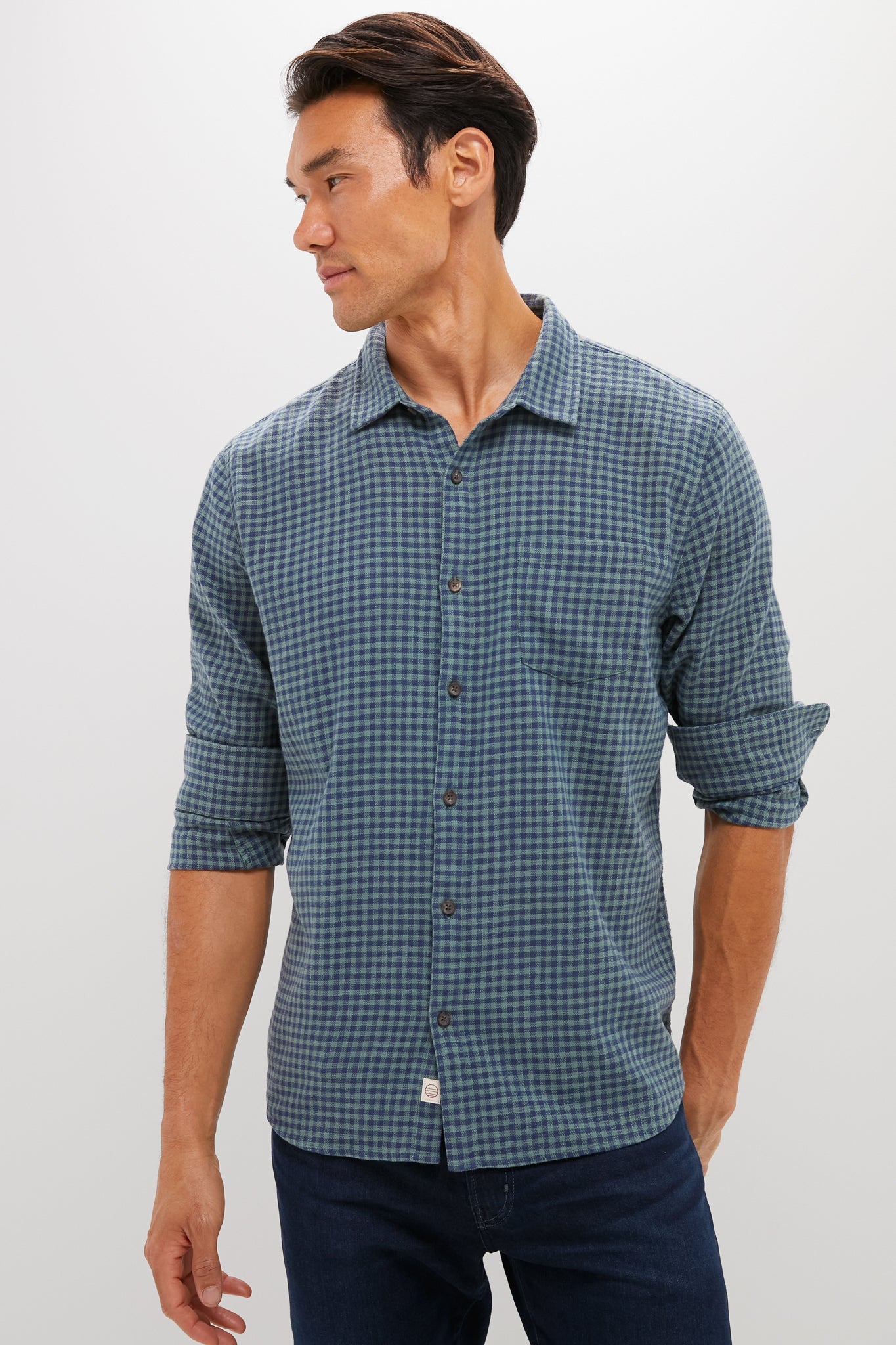 Navy Green Gingham Stretch Selvage Shirt