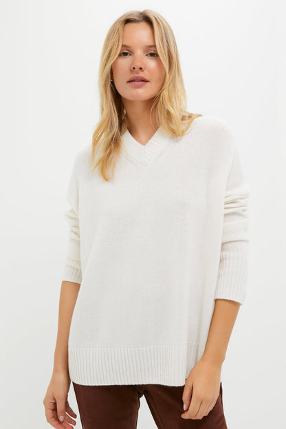 Ivory Cashmere Cassie V-Neck Cashmere Sweater