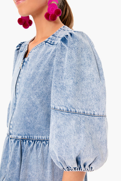 Blue Dax Acid Wash Denim Puff Sleeve Dress