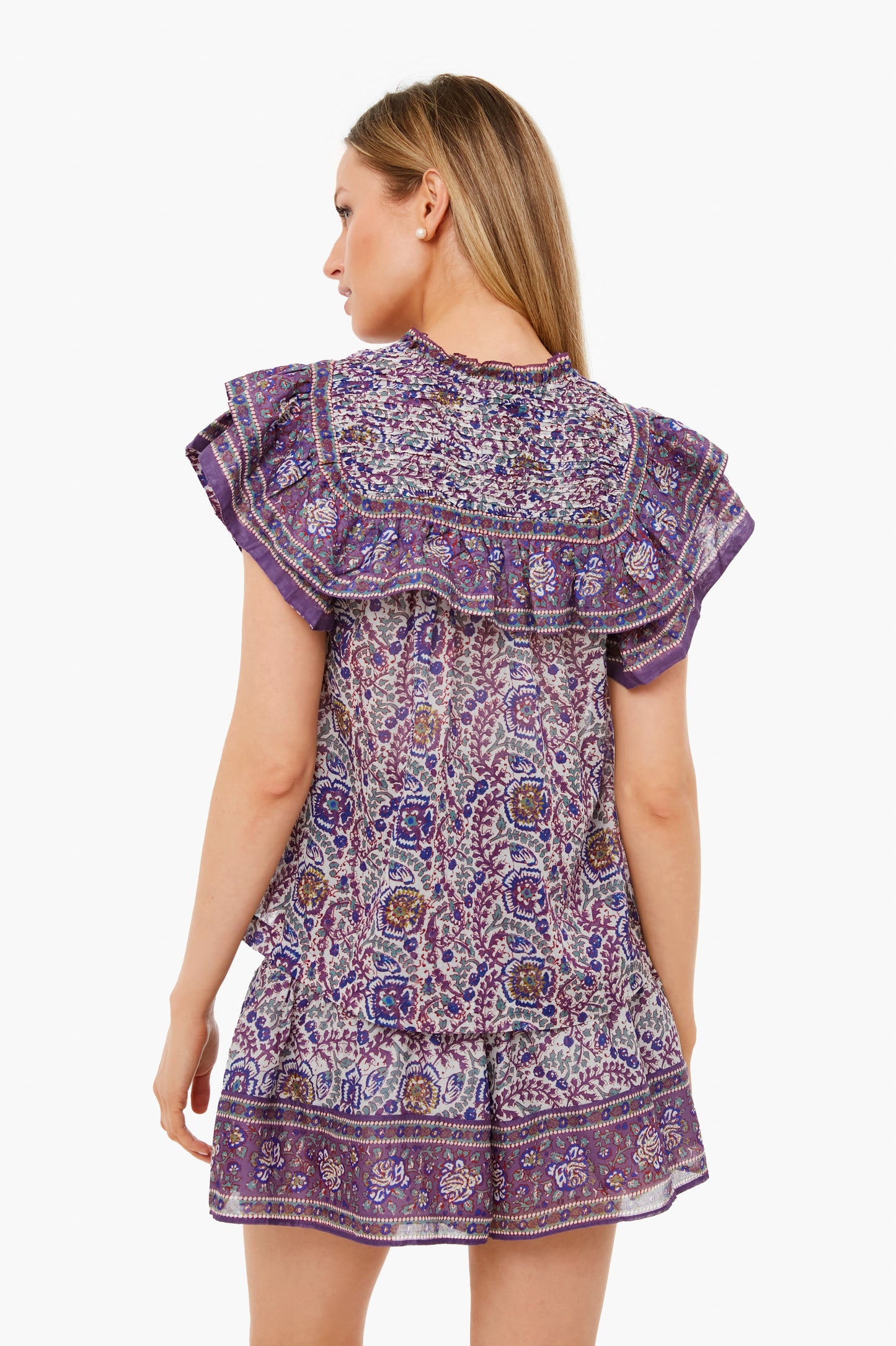 Purple Rosita Border Print Flutter Sleeve Top