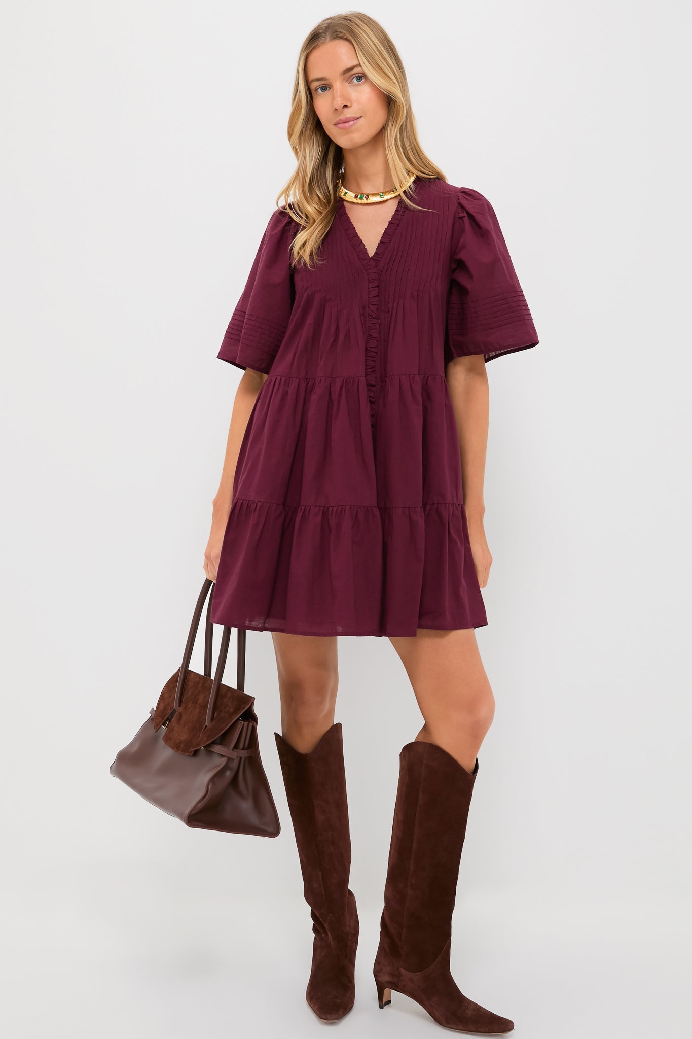 Exclusive Burgundy Anise Short Sleeve Dress