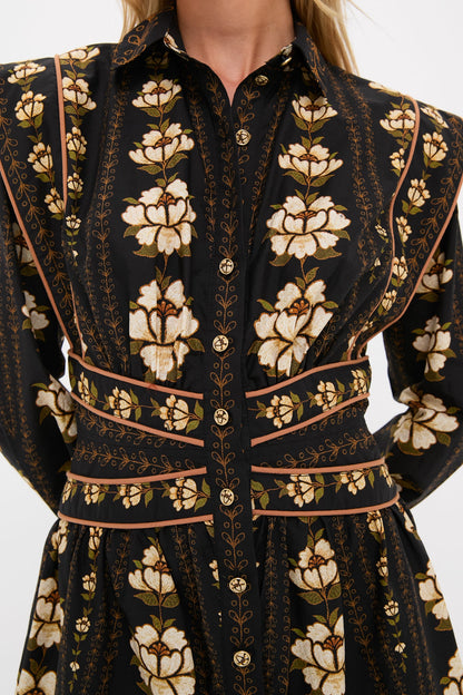 Black Embroidered Flowers Topstitching Long Sleeve Mini Dress