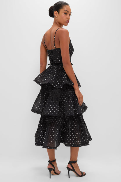 Black and Cream Polka Dot Pleated Tiered Midi Dress