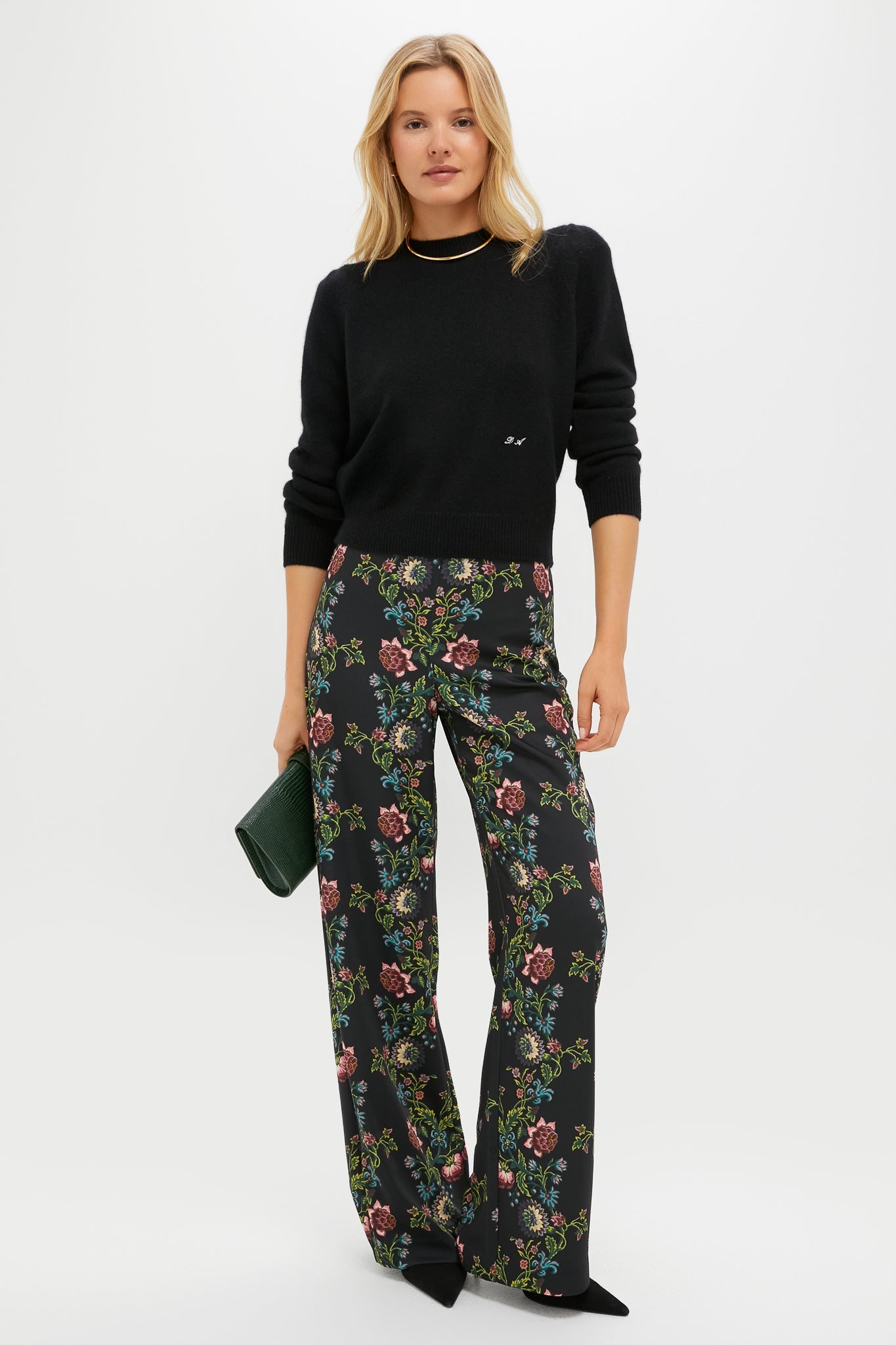 Black Cashmere Puff Sleeve Macy Crewneck Sweater