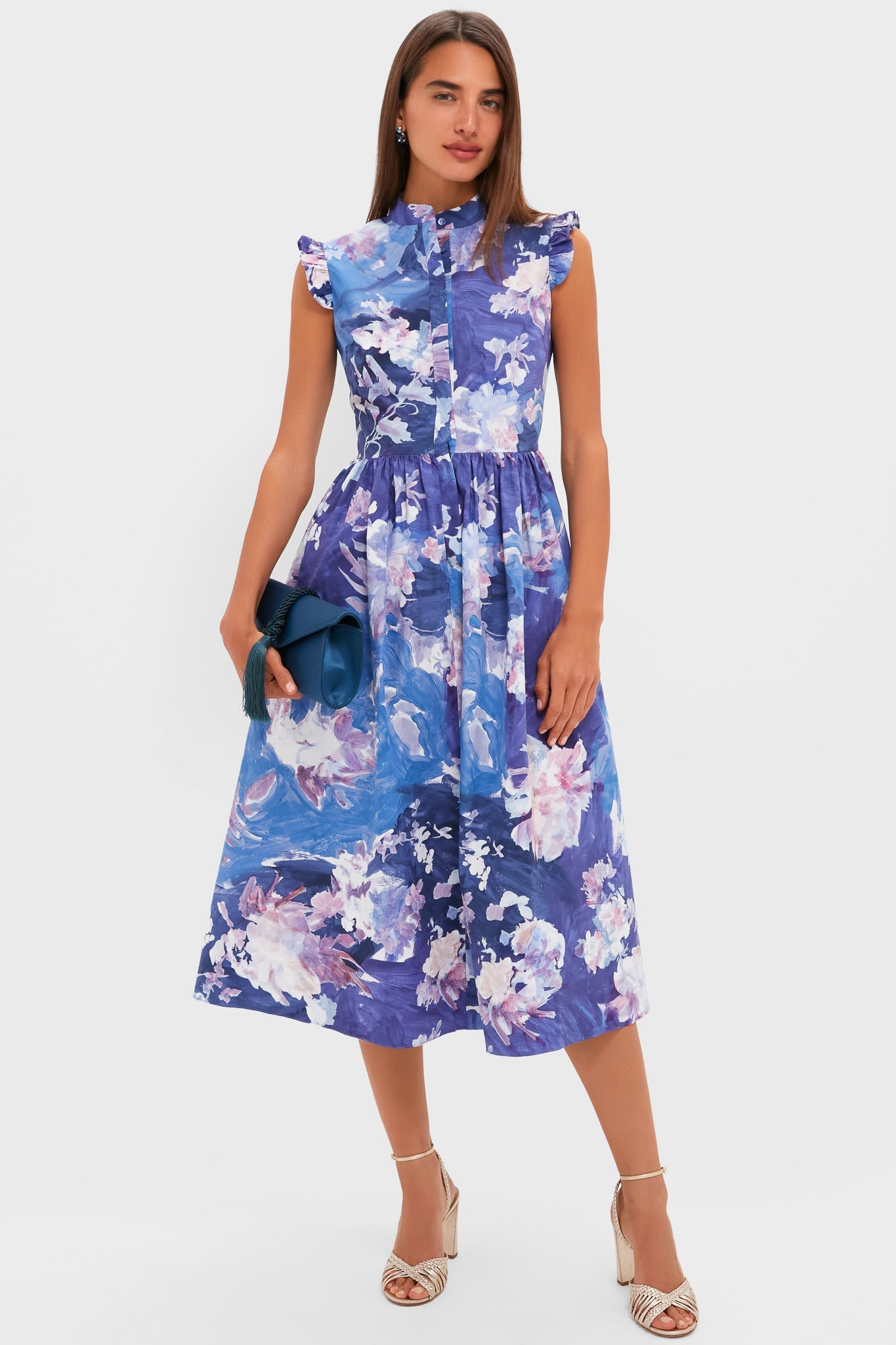 Artist Garden Pale Cobalt Sleeveless Flared Midi Dress