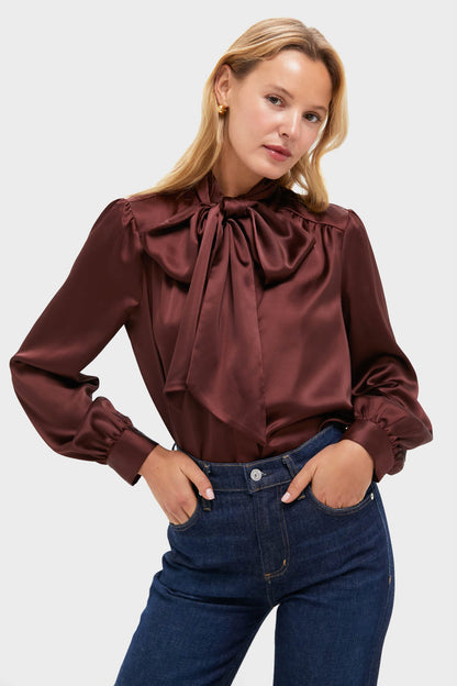 Chocolate Satin Brianna Bow Blouse