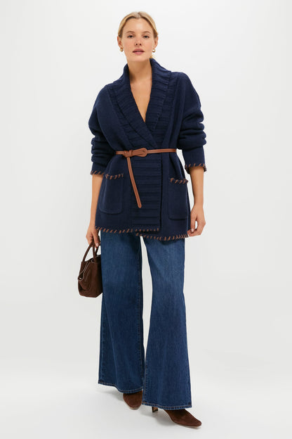 Navy and Brown Blanket Stitch Harrow Cardigan