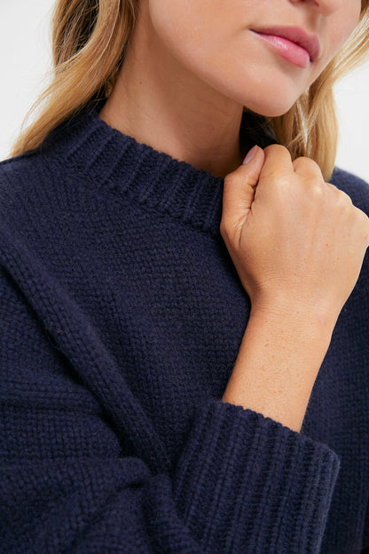 Navy Genevieve Cashmere Wool Blend Crewneck Sweater