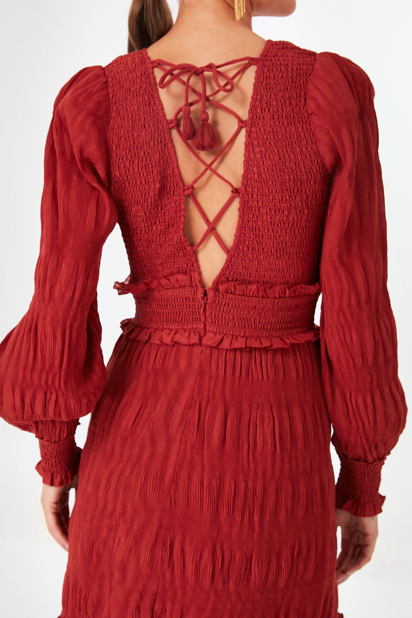 Rust Pasha Pleated Long Sleeve Smocked Dress