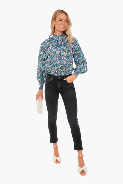 Gold Lurex Dot Napa Blue High Neck Top