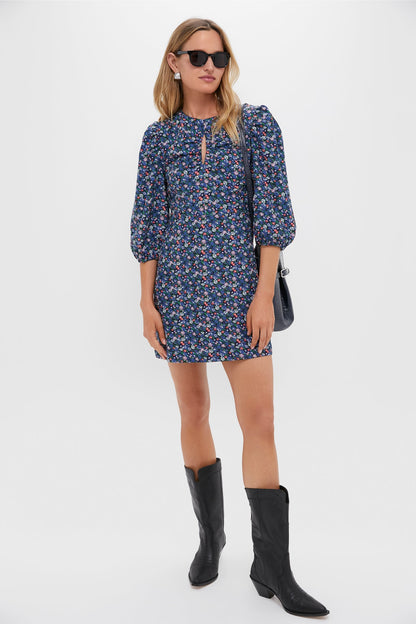 Black & Navy Corduroy Floral Keyhole Moore Mini Dress