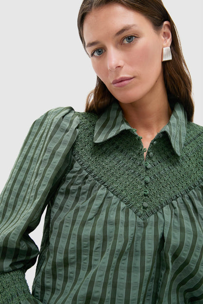 Green Windowpane Seersucker Vail Blouse