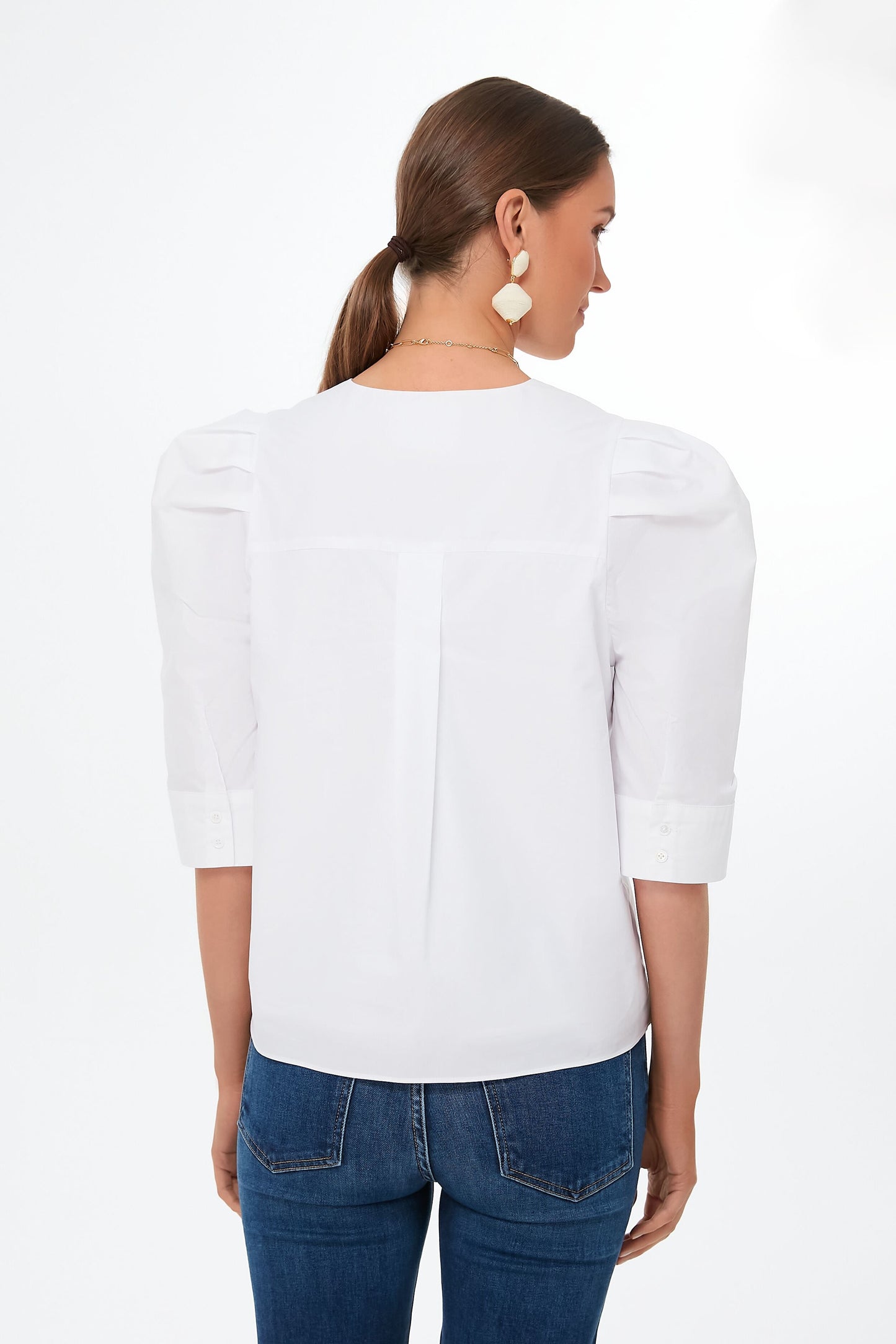 White V-Neck Puff Sleeve Kit Blouse