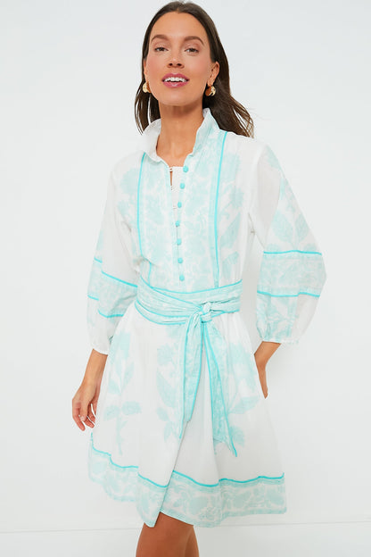 Exclusive Light Turquoise Flounce Shorty Dahlia Print Mini Dress