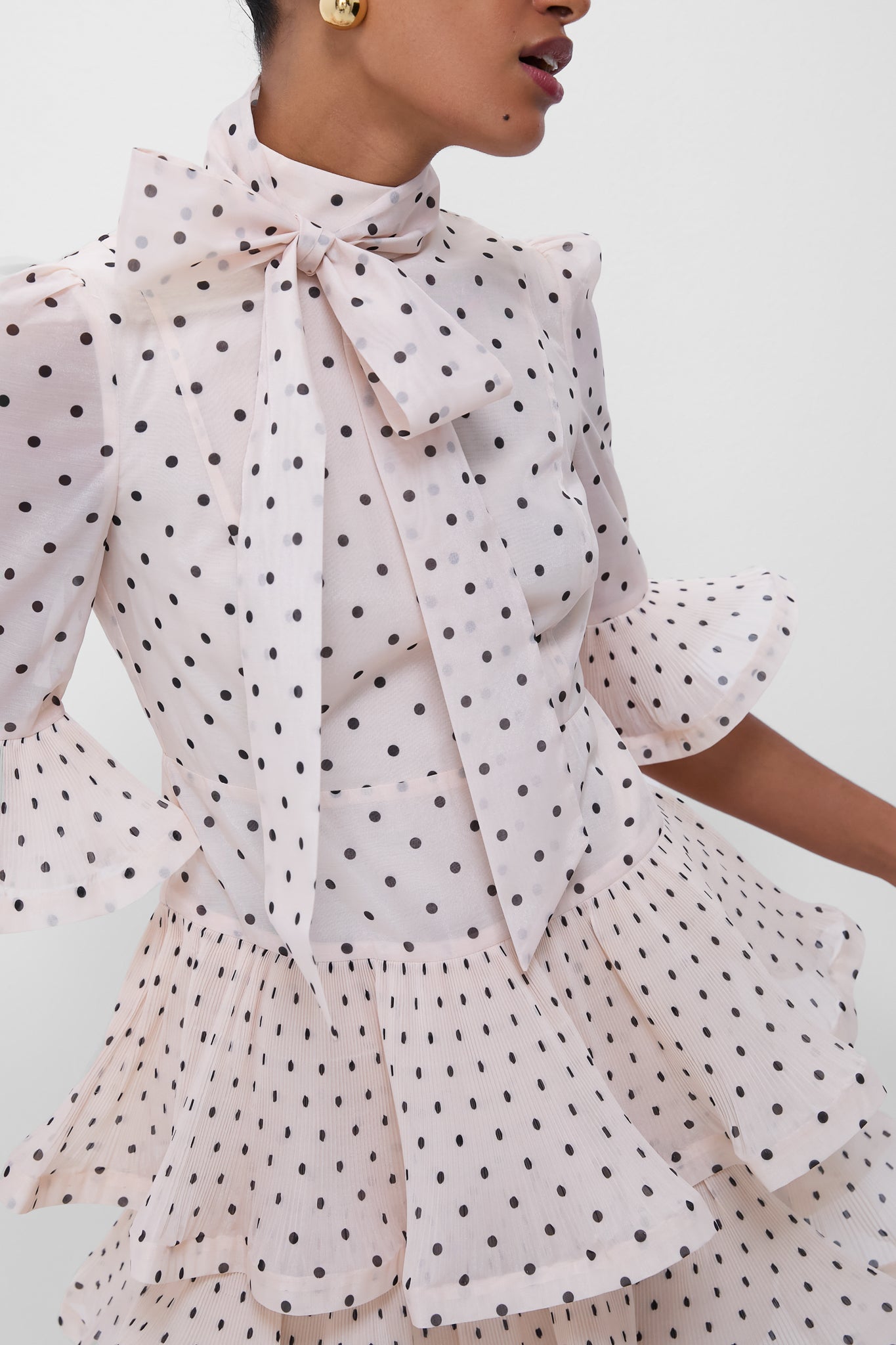 Cream and Black Polka Dot Pleated Sleeved Mini Dress