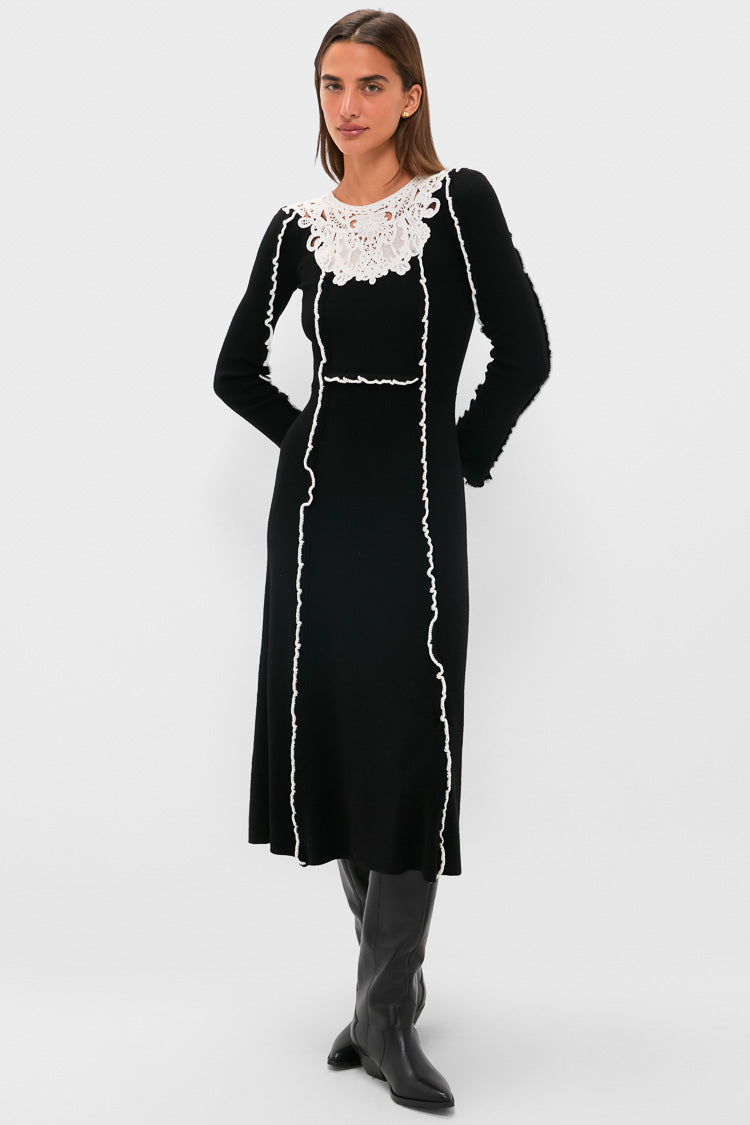 Black Vania Lace Long Sleeve Midi Knit Dress