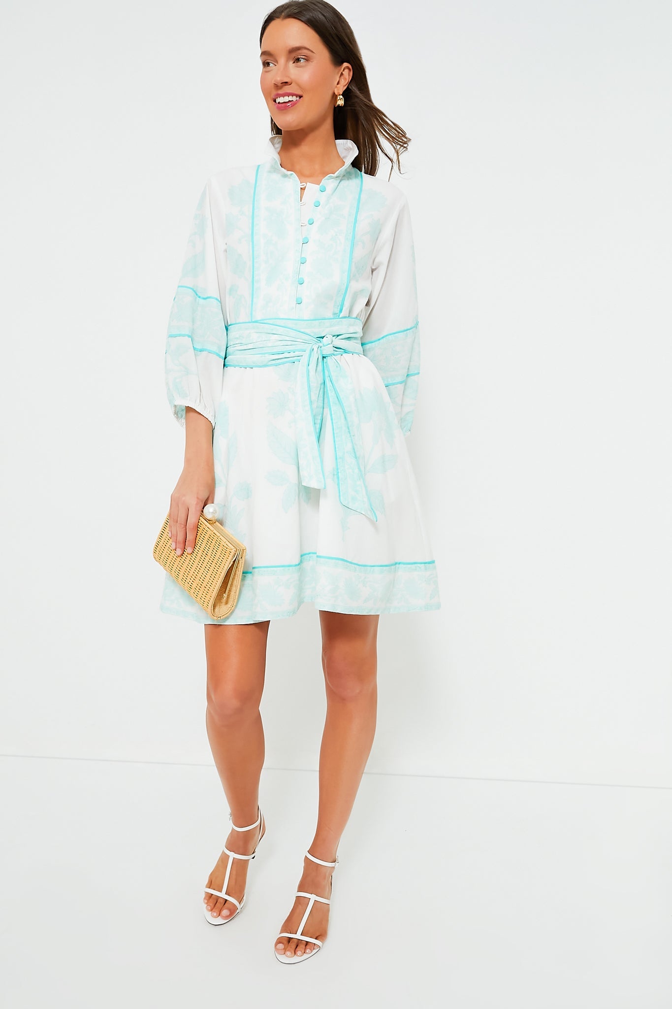 Exclusive Light Turquoise Flounce Shorty Dahlia Print Mini Dress