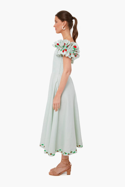 Mint Alanya Linen Off The Shoulder Embroidered Midi Dress