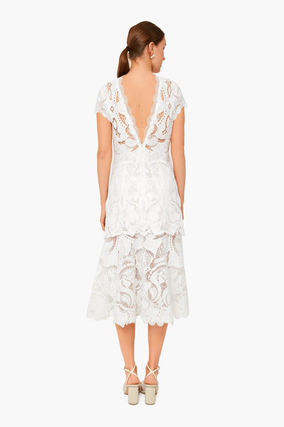 White Laura Guipure Lace Cap Sleeve Midi Dress