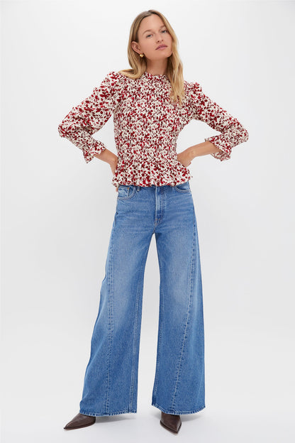 Red and Cream Floral Smocked Cynthia Blouse