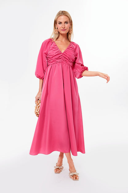 Fuchsia Ruched V-Neck Gia Maxi Dress