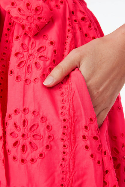 Spicy Coral Liabella Off the Shoulder Eyelet Midi Dress