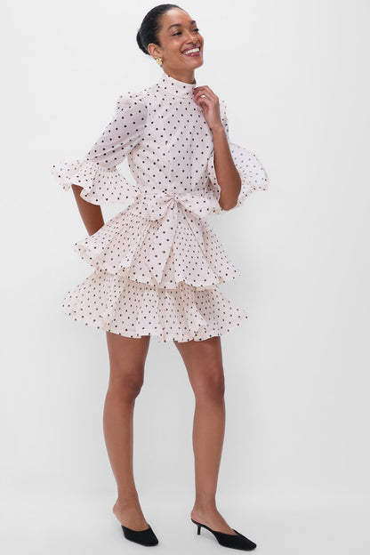 Cream and Black Polka Dot Pleated Sleeved Mini Dress